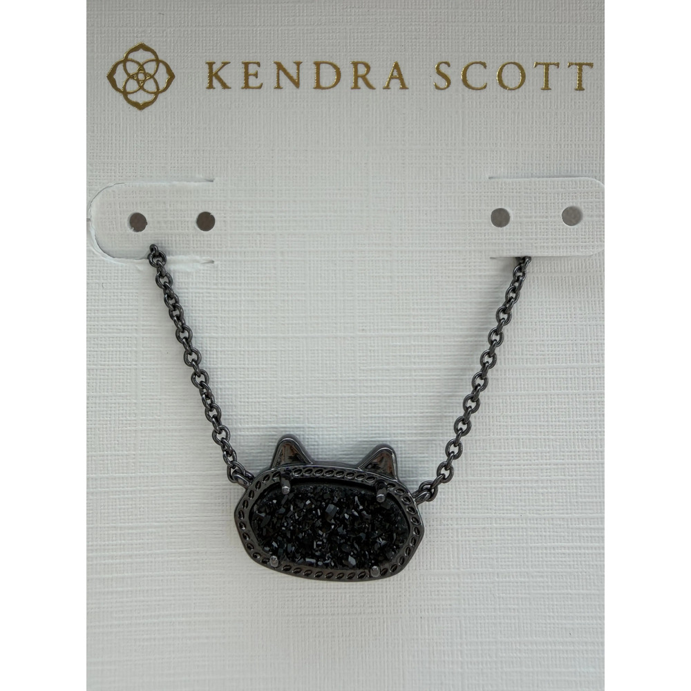 Kendra Scott Elisa Cat Pendant Necklace Black Drusy Gunmetal - Picture 2 of 3